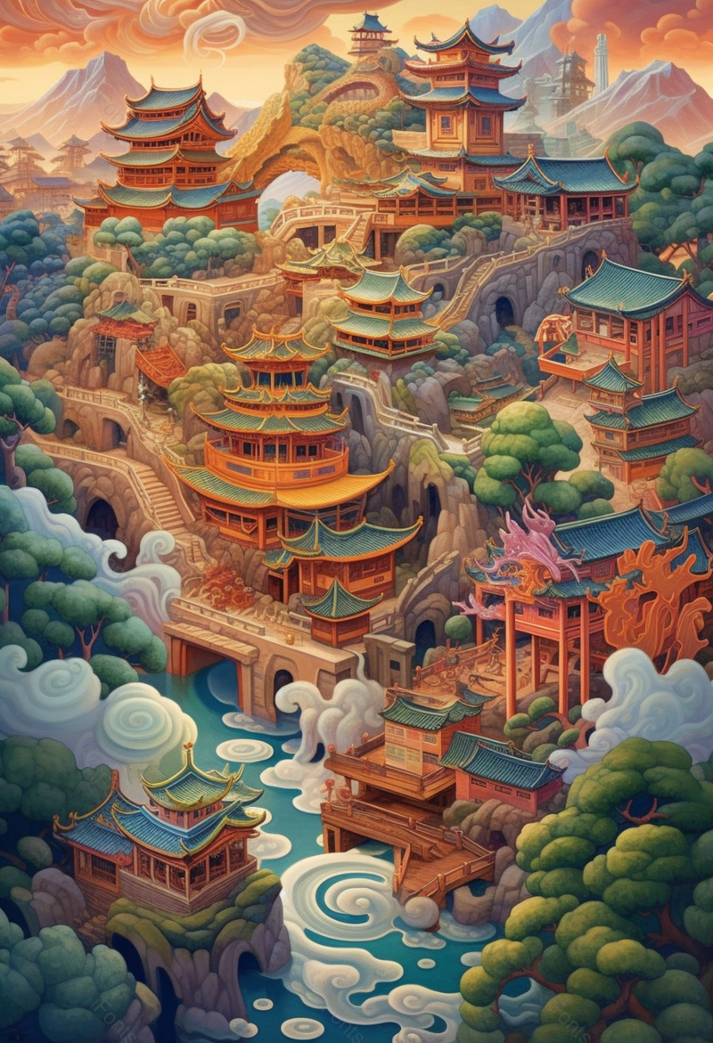 彩色山川河流国潮风景建筑插画,插画/手绘图,插画/手绘图库,插画/手绘图下载,插画/手绘